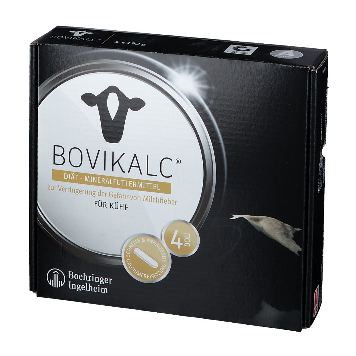 Schwarze Verpackung BOVIKALC mit Logo und Produktbezeichnung. Enthält 4 Bolus. Boehringer Ingelheim Logo.