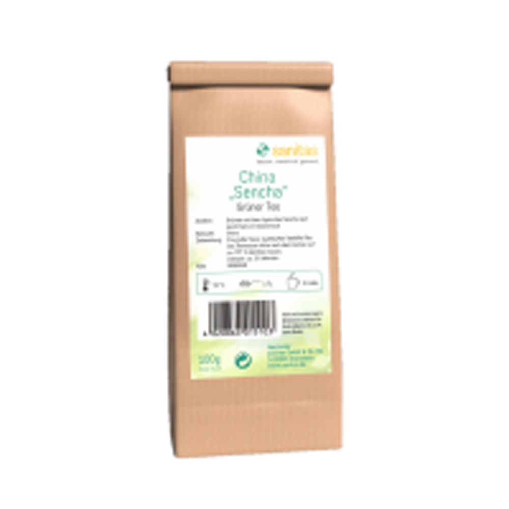 Braune Papiertüte mit Etikett für Grüner Tee Sencha, 250g.