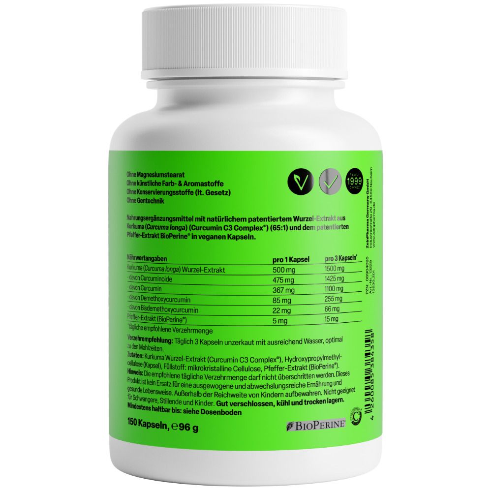 Dos du flacon. Étiquette verte avec ingrédients et informations nutritionnelles. 150 gélules, 96g. Logo BioPerine.