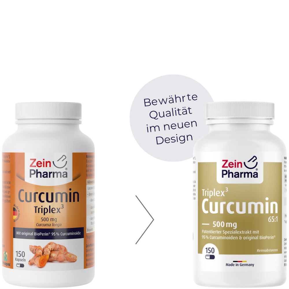 Comparaison de deux flacons. Gauche : ancien design. Droite : nouveau design. ZeinPharma, Curcumin Triplex3.