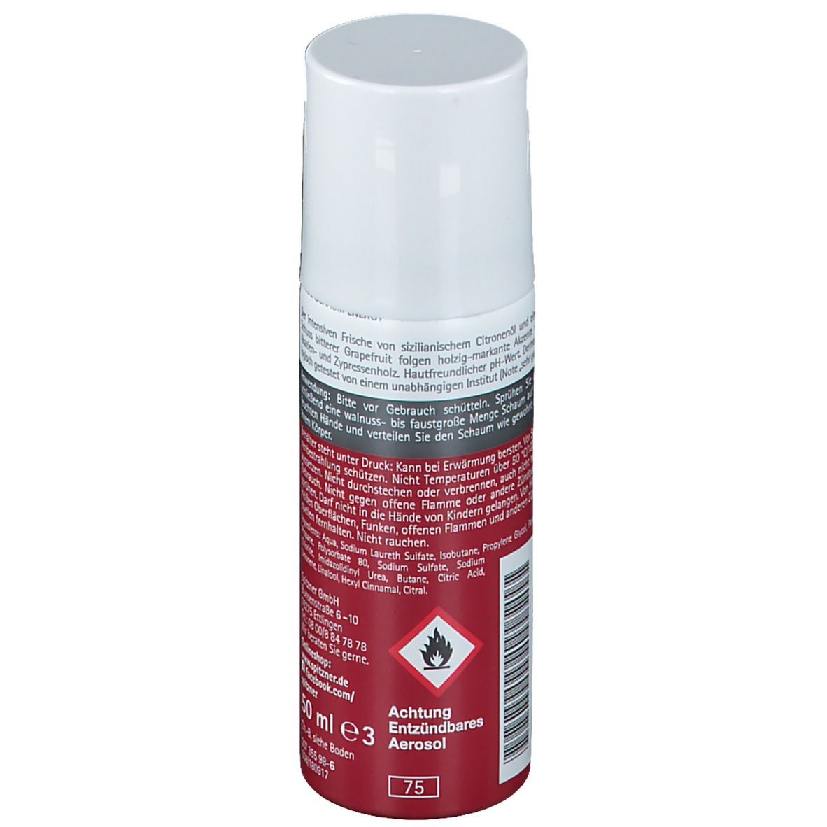 Rote Flasche Duschschaum Energy mit weißem Deckel. Warnhinweis: Entzündbar Aerosol.