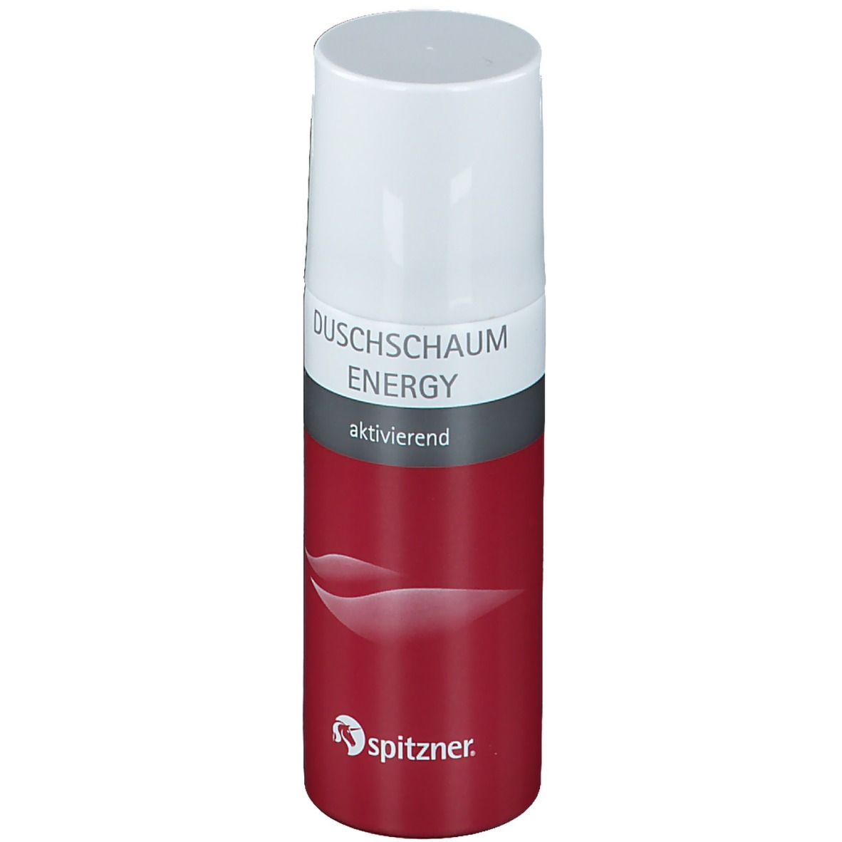 Duschschaum Energy, rote Flasche mit weißem Deckel. Text und Logo sichtbar.