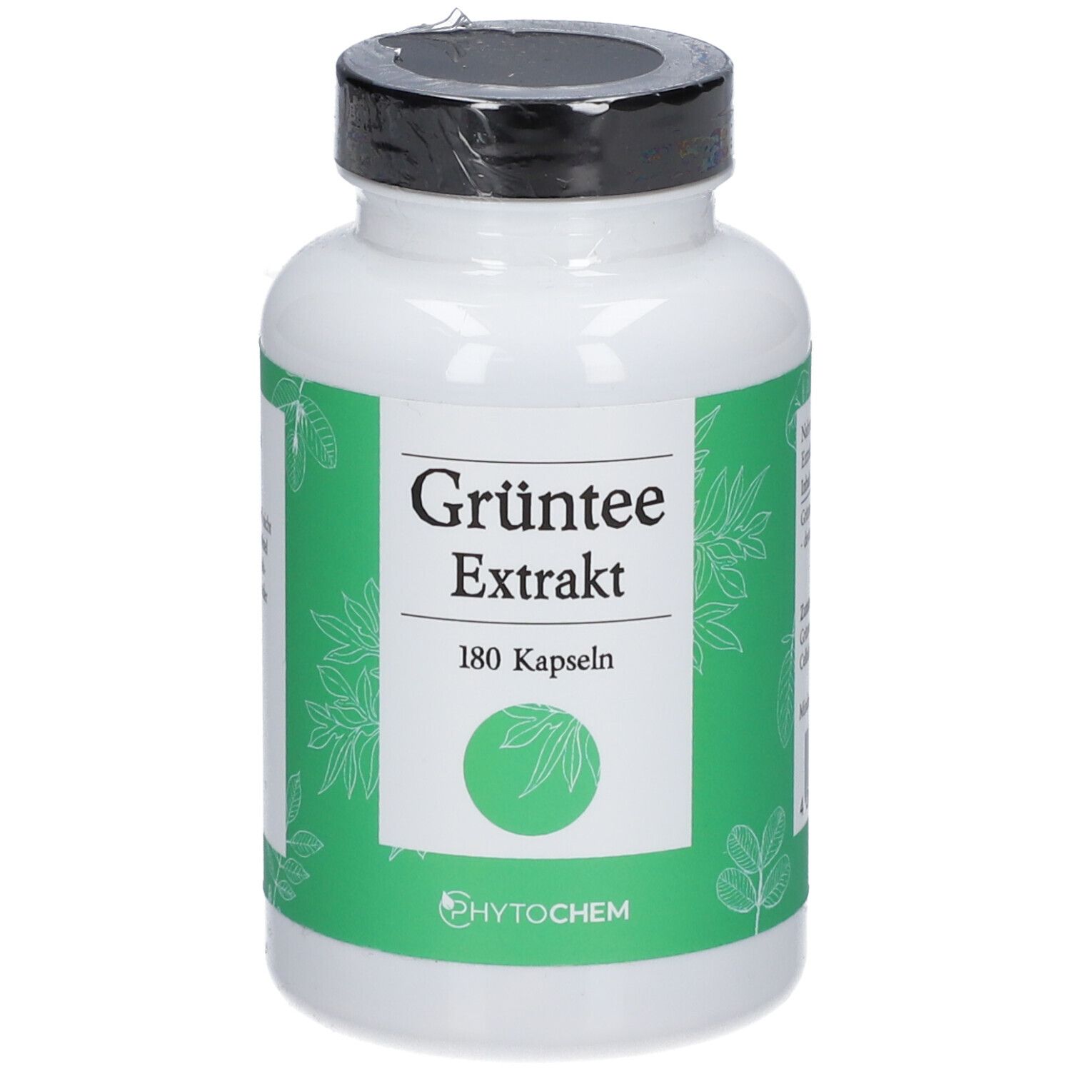 Flacon blanc avec étiquette verte. Inscription : Grüner Tee Extrakt, 180 gélules. Logo : Phytochem.
