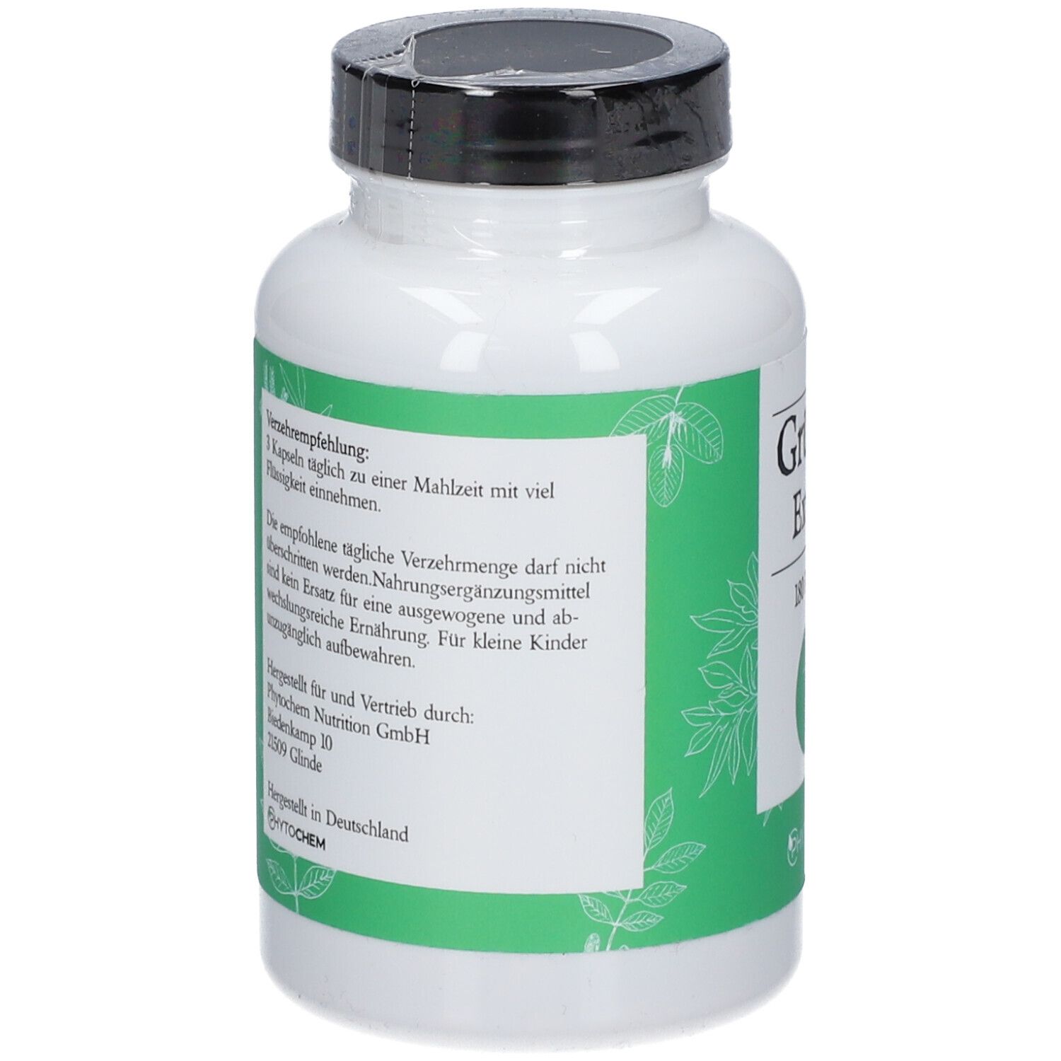 Flacon blanc avec étiquette verte. Texte : Recommandations. Fabricant : Phytochem Nutrition GmbH. Fabriqué en Allemagne.