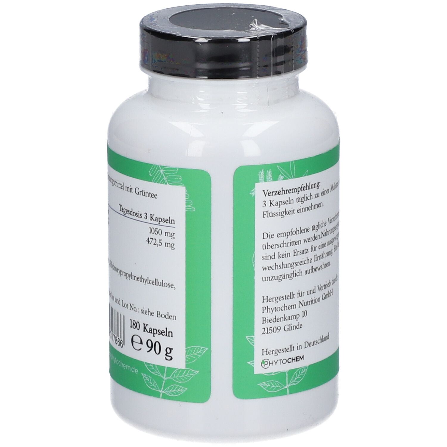 Flacon blanc avec étiquette verte. Texte : Dose journalière 3 gélules. 180 gélules, 90 g. Fabricant : Phytochem Nutrition GmbH.