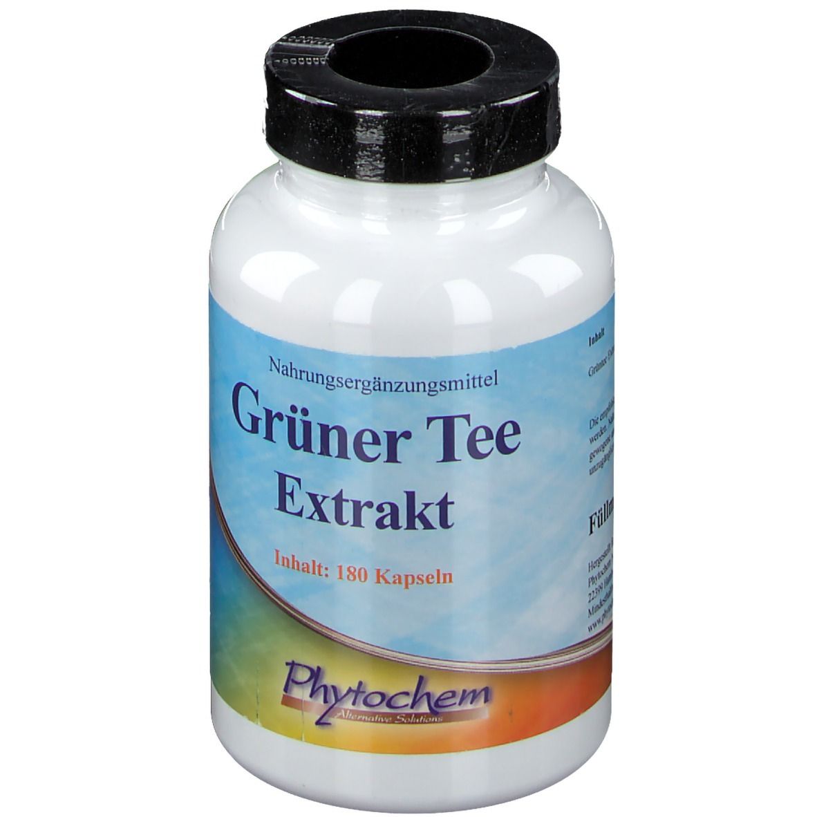 Flacon blanc avec étiquette verte. Inscription : Grüner Tee Extrakt, 180 gélules. Logo : Phytochem.