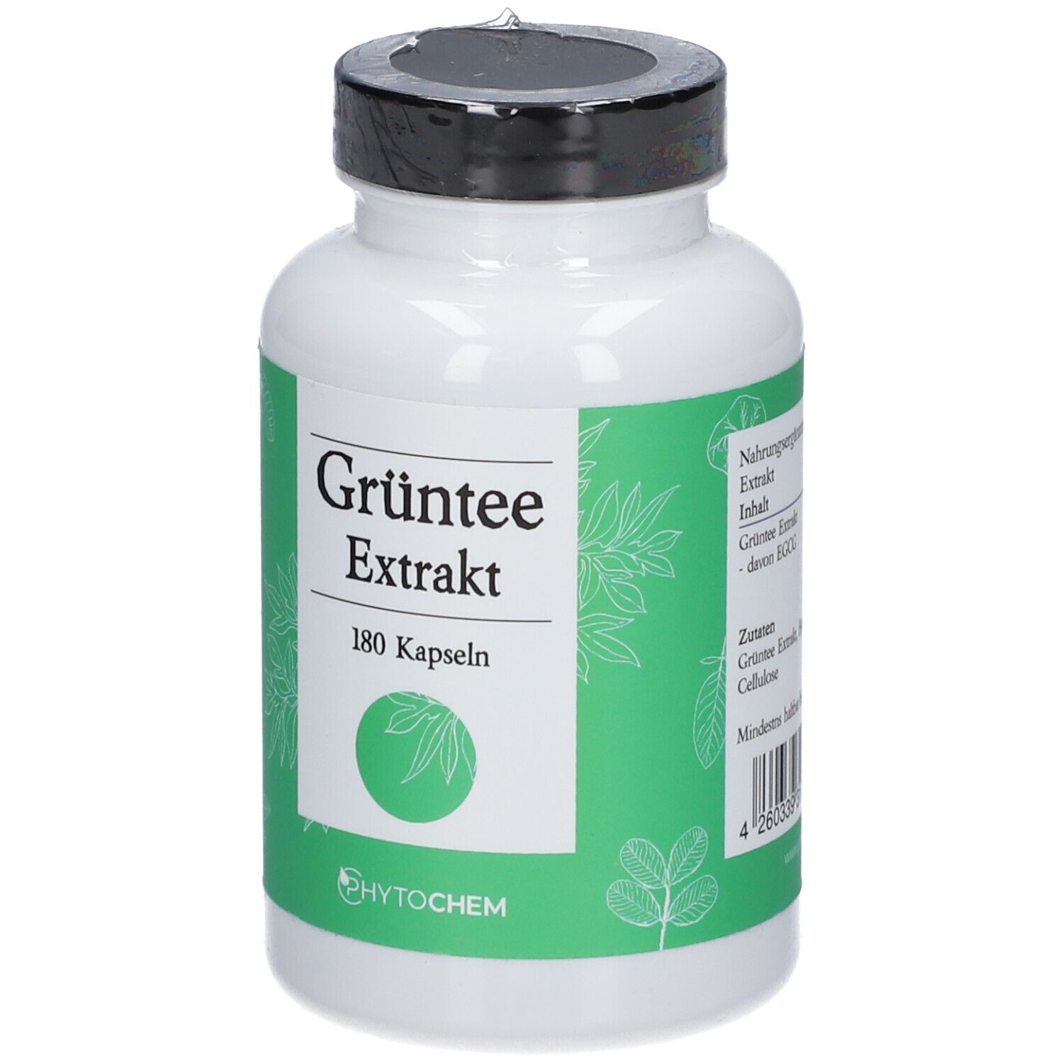 Flacon blanc avec étiquette verte. Inscription : Grüner Tee Extrakt, 180 gélules. Logo : Phytochem. Code-barres.