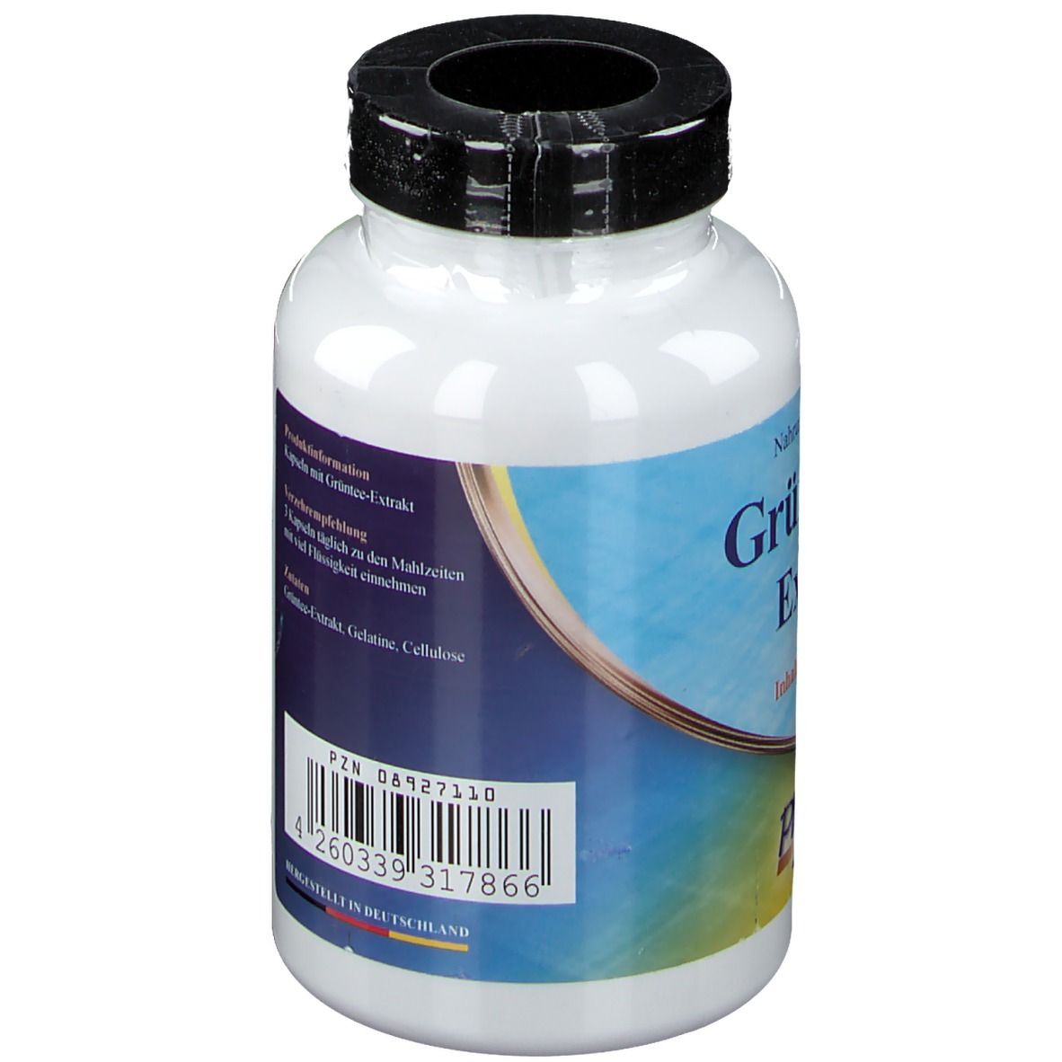 Flacon blanc avec étiquette verte. Texte : Complément alimentaire avec extrait de thé vert. 180 gélules, 90 g. Code-barres.