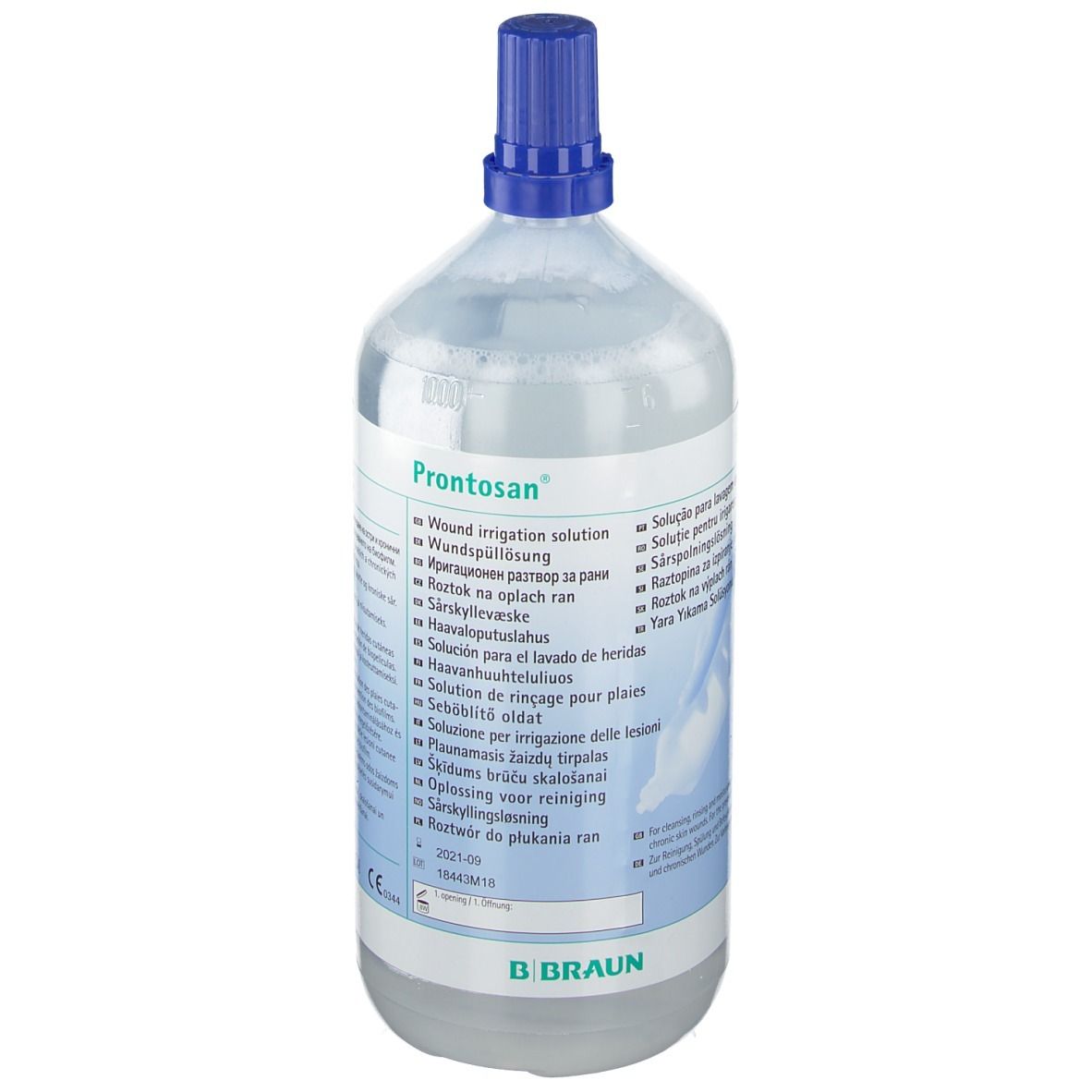 Klare Flüssigkeit in einer Flasche mit blauem Verschluss. Aufschrift: Prontosan, Wundspüllösung. B. Braun Logo.