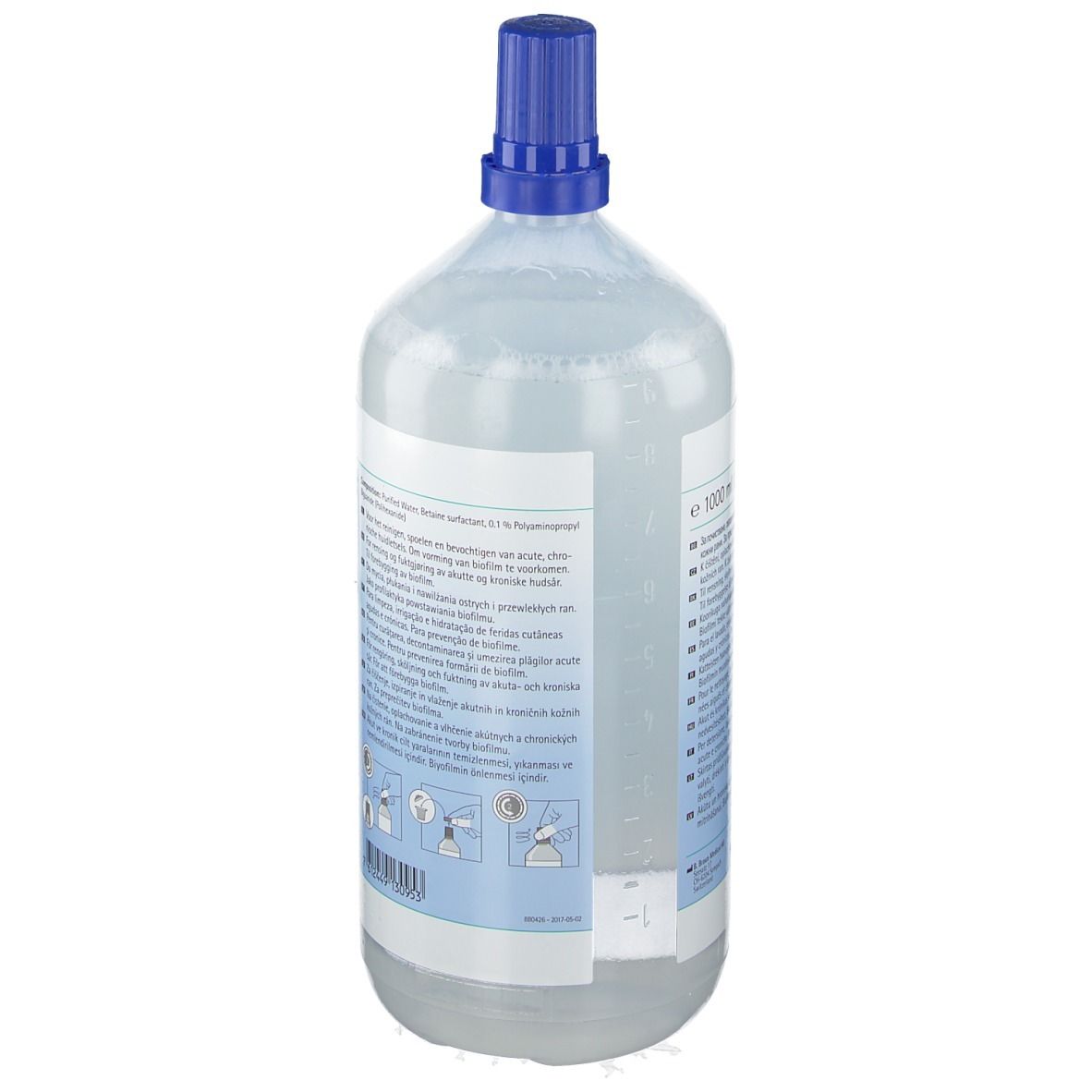 Flasche mit klarer Flüssigkeit und blauem Verschluss. Skala zur Messung. Text auf Etikett.