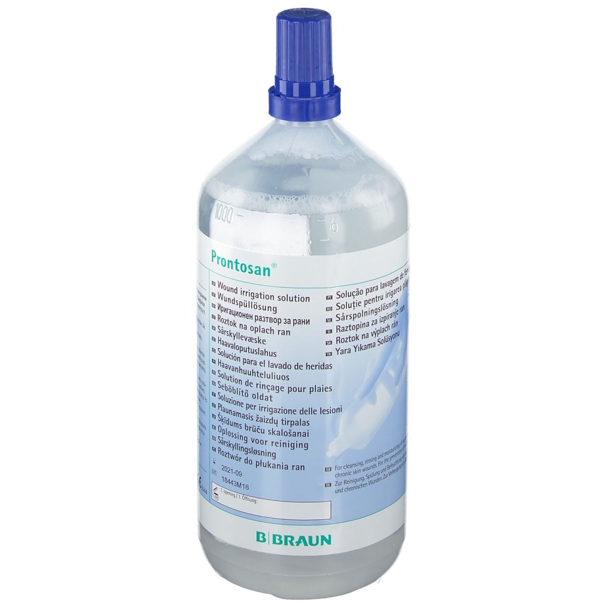 Flasche mit klarer Flüssigkeit und blauem Verschluss. Aufschrift: Prontosan, Wundspüllösung. B. Braun Logo.
