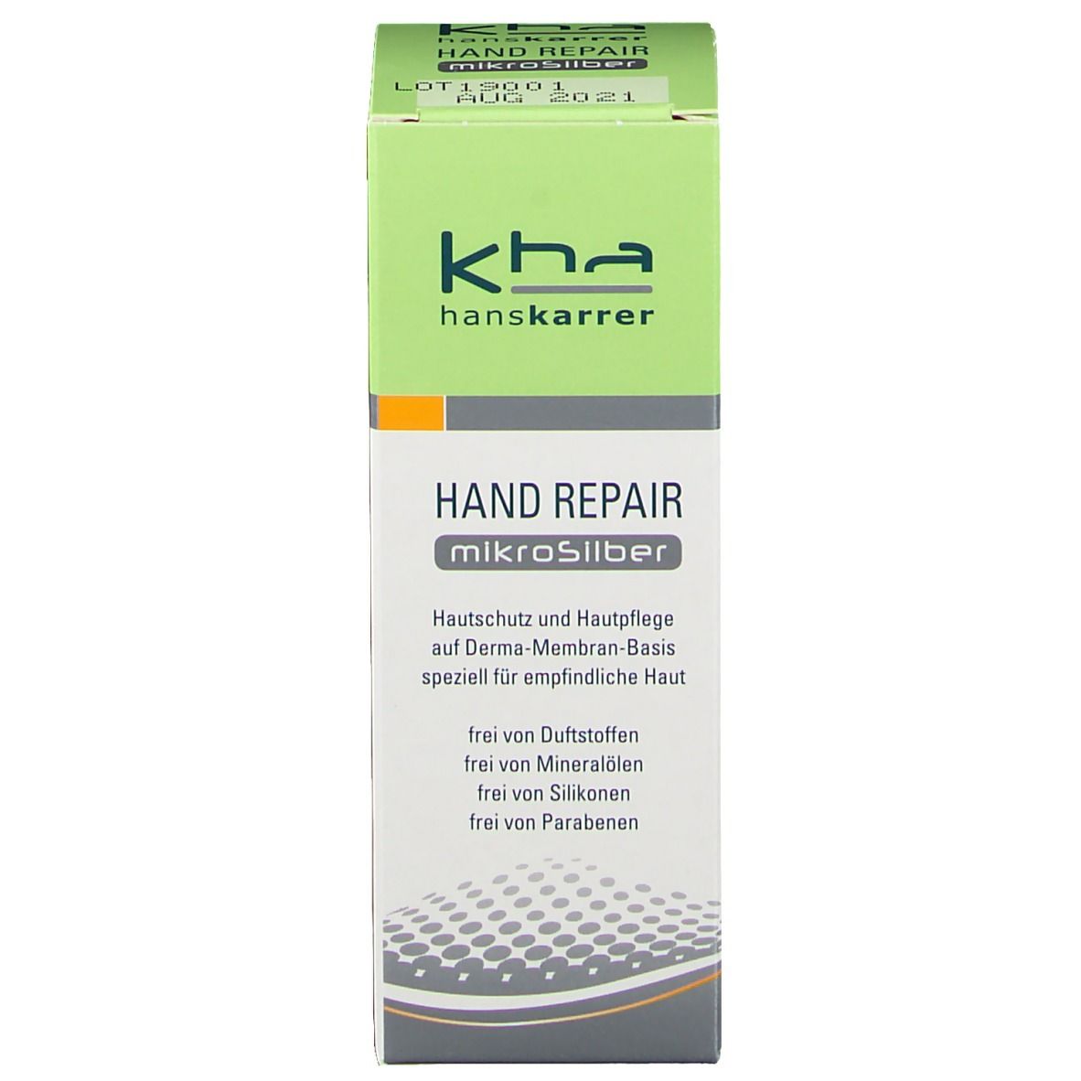 Kartonverpackung, grün-weiß. Aufschrift: kha hanskarrer, HAND REPAIR Mikrosilber. Text: Hautschutz und Hautpflege.