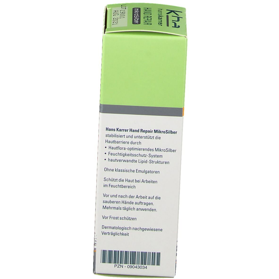 Seitenansicht der Kartonverpackung. Text: Hans Karrer Hand Repair Mikrosilber, Inhaltsstoffe, PZN-09043034.