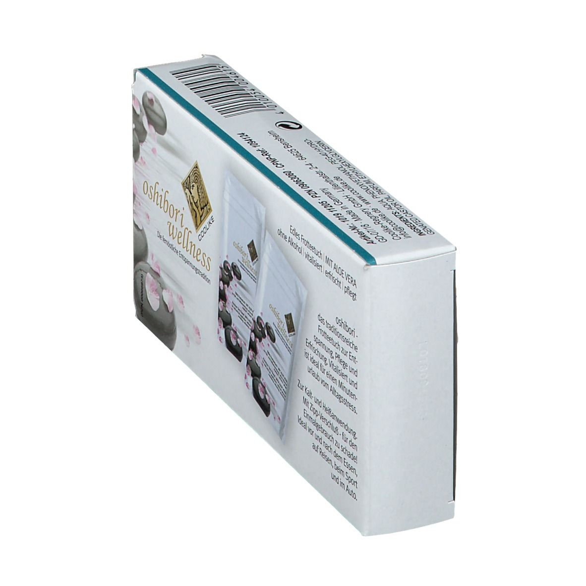 Schräg gestellte Verpackung mit Oshibori Wellness Tüchern. Text: Edles Frottiertuch mit Aloe Vera. Mit Zipp-Verschluss.