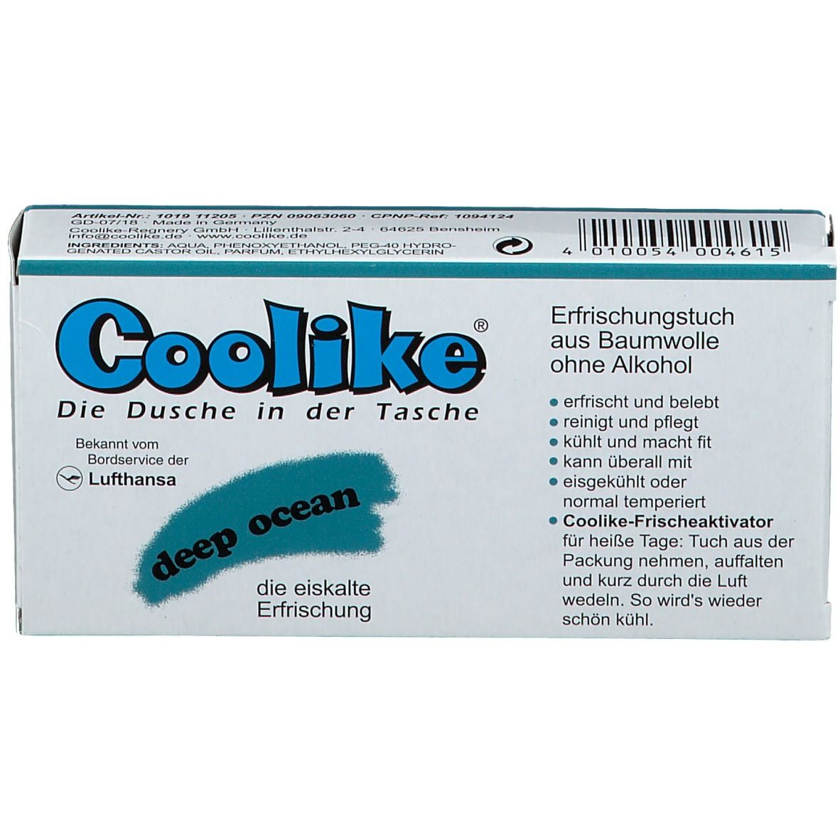 Karton mit Coolike Erfrischungstücher. Text: deep ocean, die eiskalte Erfrischung. Aufschrift: Erfrischungstuch aus Baumwolle ohne Alkohol.