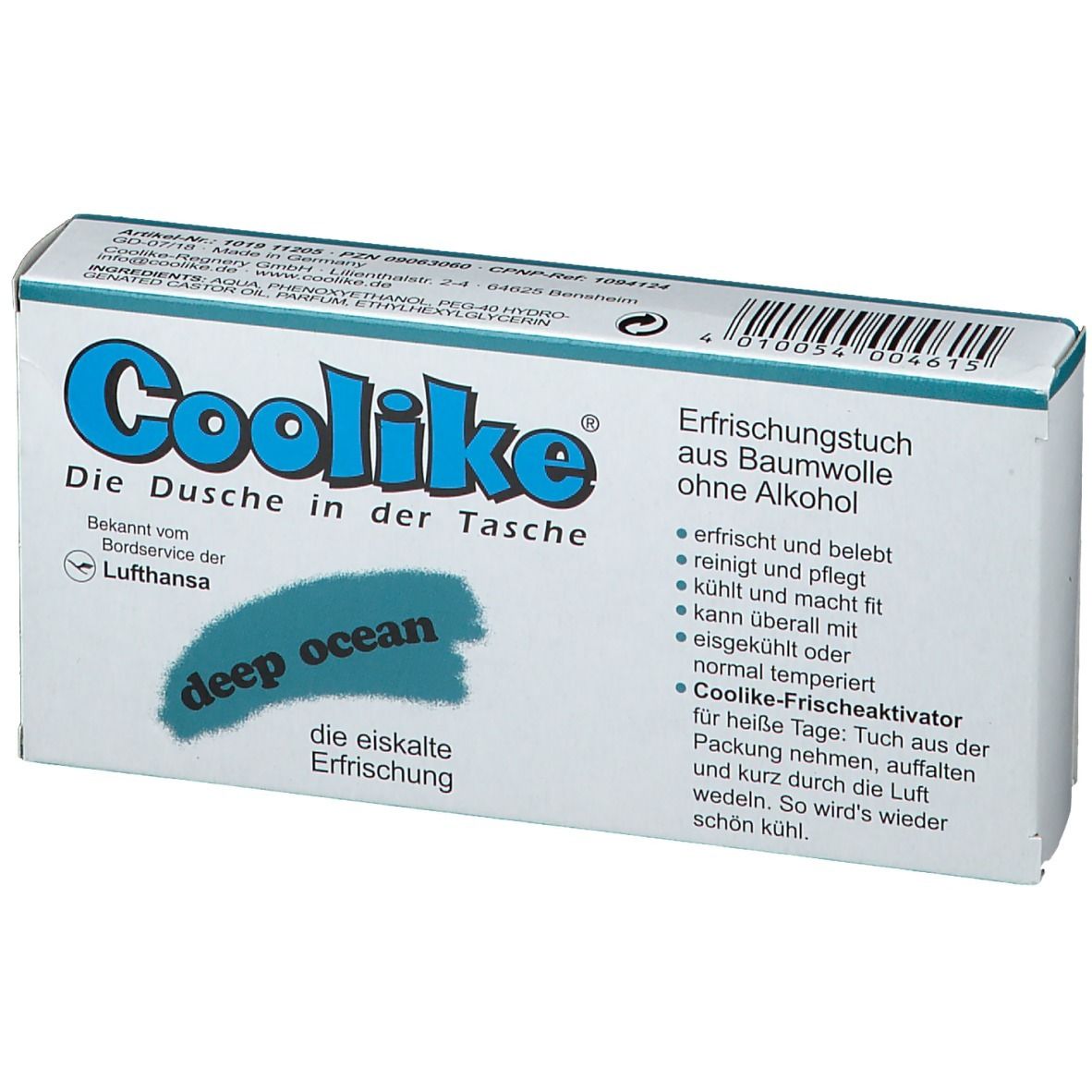 Karton mit Coolike Erfrischungstücher. Text: deep ocean, die eiskalte Erfrischung. Aufschrift: Erfrischungstuch aus Baumwolle ohne Alkohol.