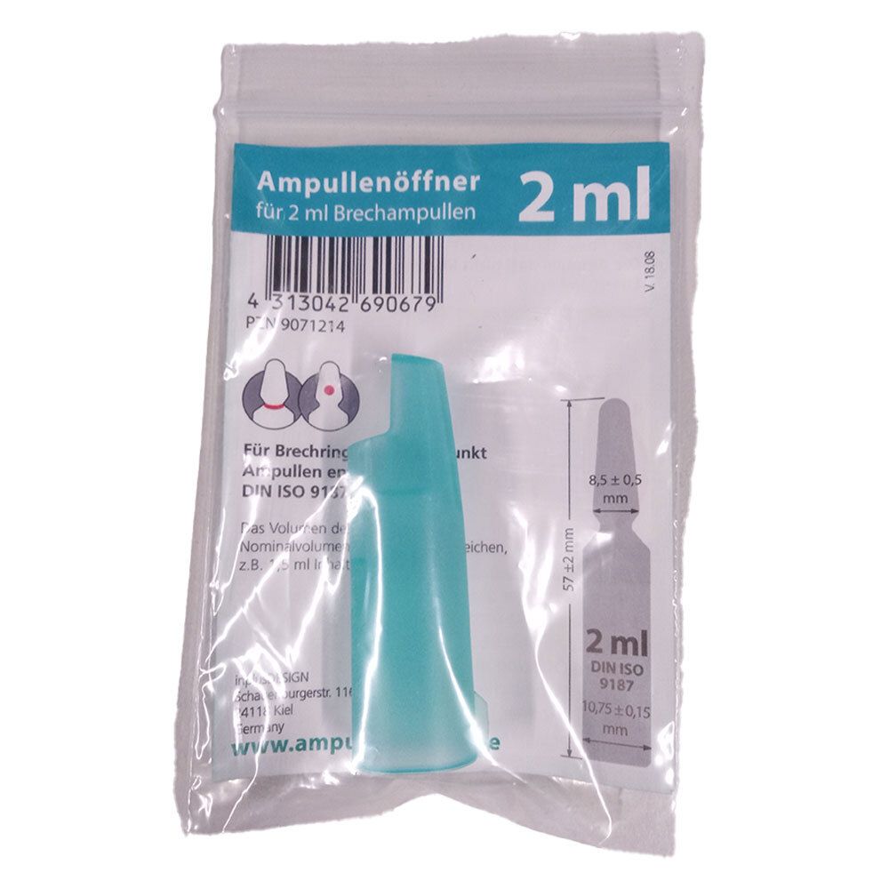 Grüner Ampullenöffner in Plastikverpackung. Enthält eine Gebrauchsanweisung. Aufdruck: 2 ml.
