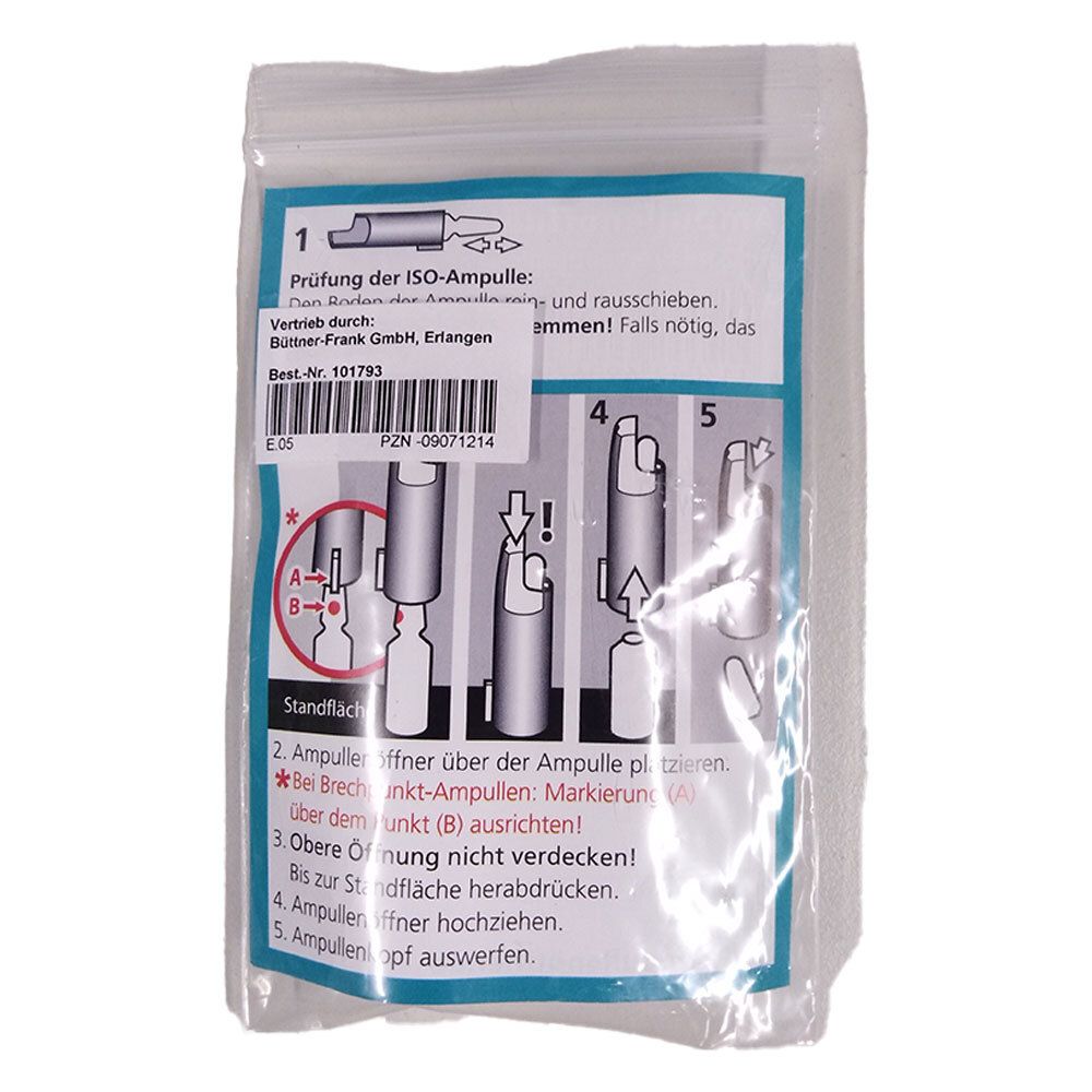Plastikverpackung mit Anweisungen zur Verwendung des Ampullenöffners. Illustrationen zeigen die Anwendung.