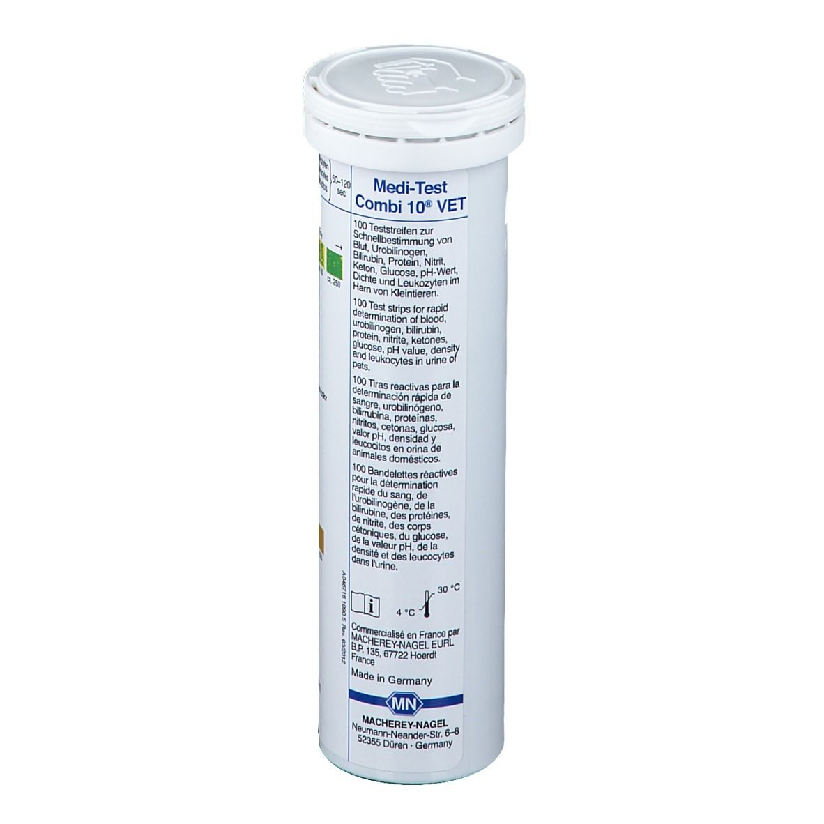 Zylindrische Tube mit Deckel. Beschriftung: Medi-Test Combi 10® VET. Text in mehreren Sprachen.