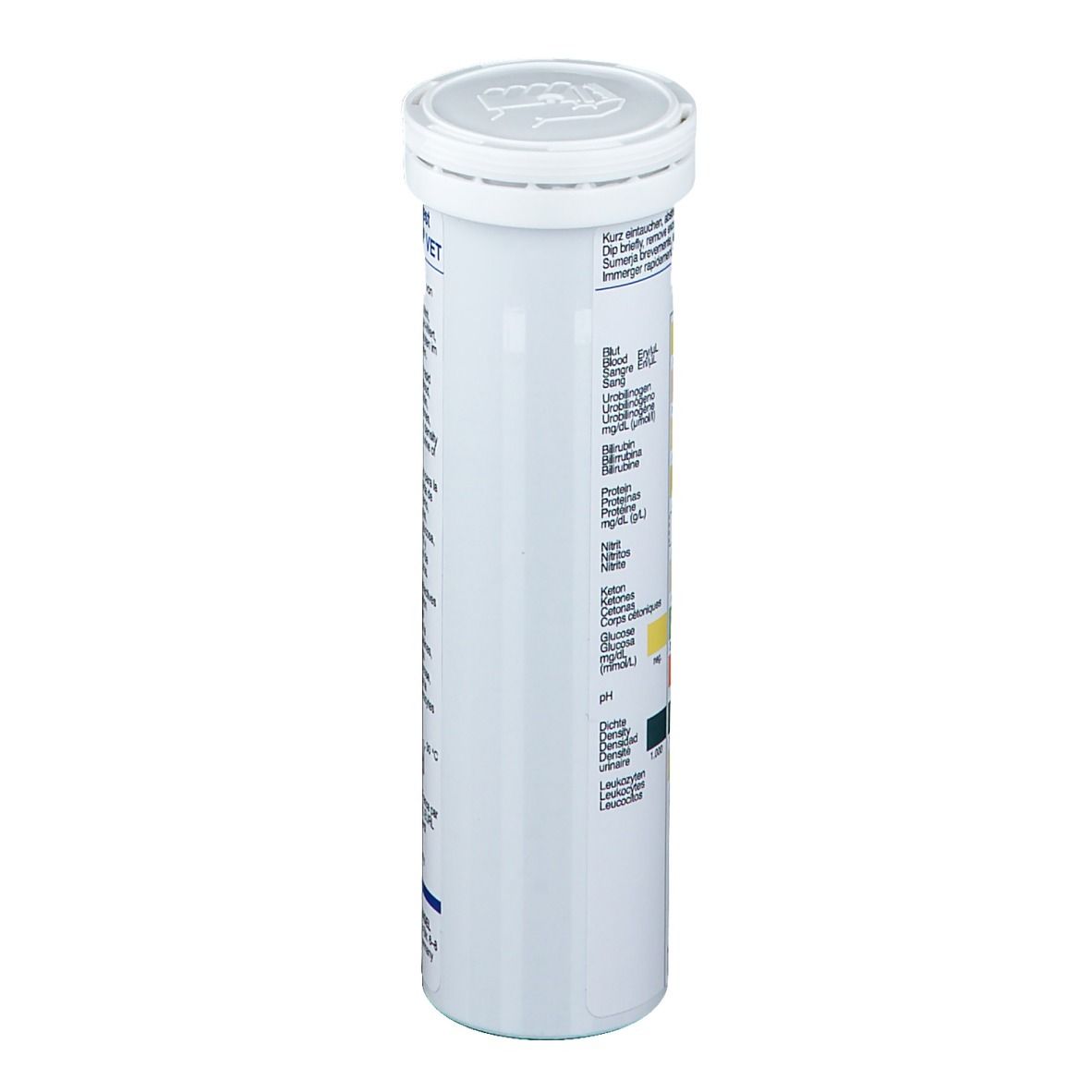 Zylindrische Tube mit Deckel. Beschriftung: Medi-Test Combi 10® VET. Text in mehreren Sprachen.