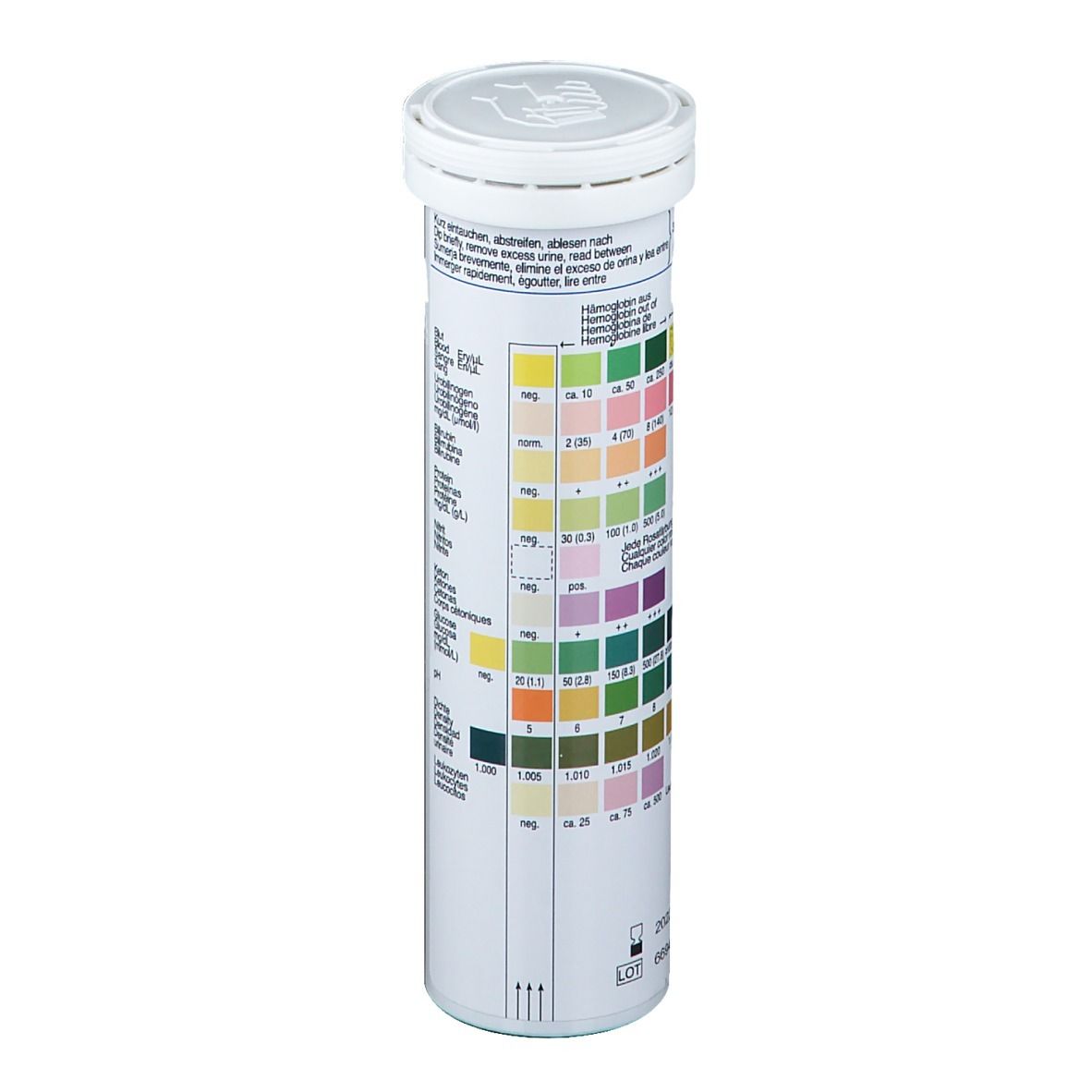 Zylindrische Tube mit Deckel. Teststreifen mit farbigen Feldern. Beschriftung: Medi-Test Combi 10® VET.