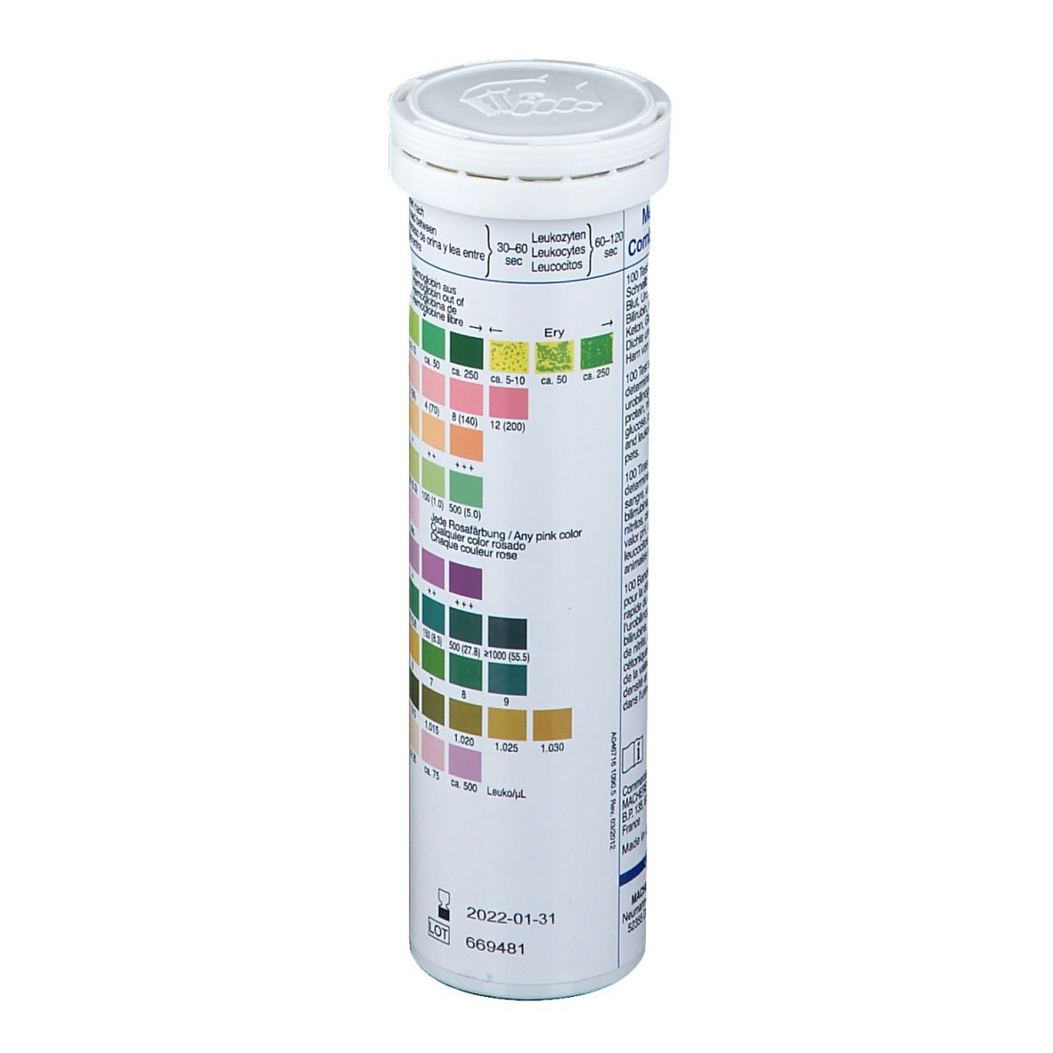 Zylindrische Tube mit Deckel. Teststreifen mit farbigen Feldern. Beschriftung: Medi-Test Combi 10® VET. Datum.