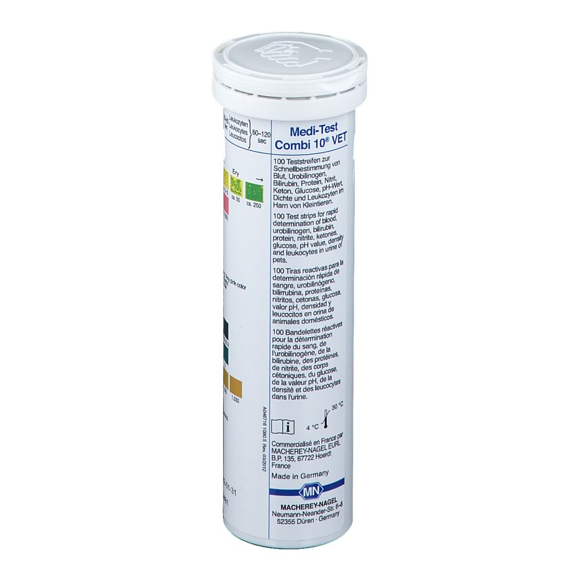 Zylindrische Tube mit Deckel. Beschriftung: Medi-Test Combi 10® VET. Text in mehreren Sprachen.