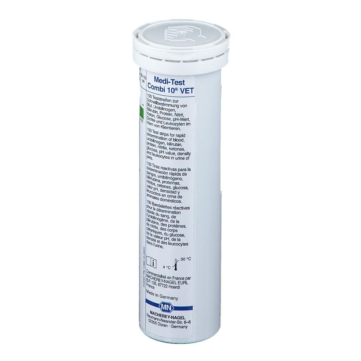 Zylindrische Tube mit Deckel. Beschriftung: Medi-Test Combi 10® VET. Text in mehreren Sprachen.