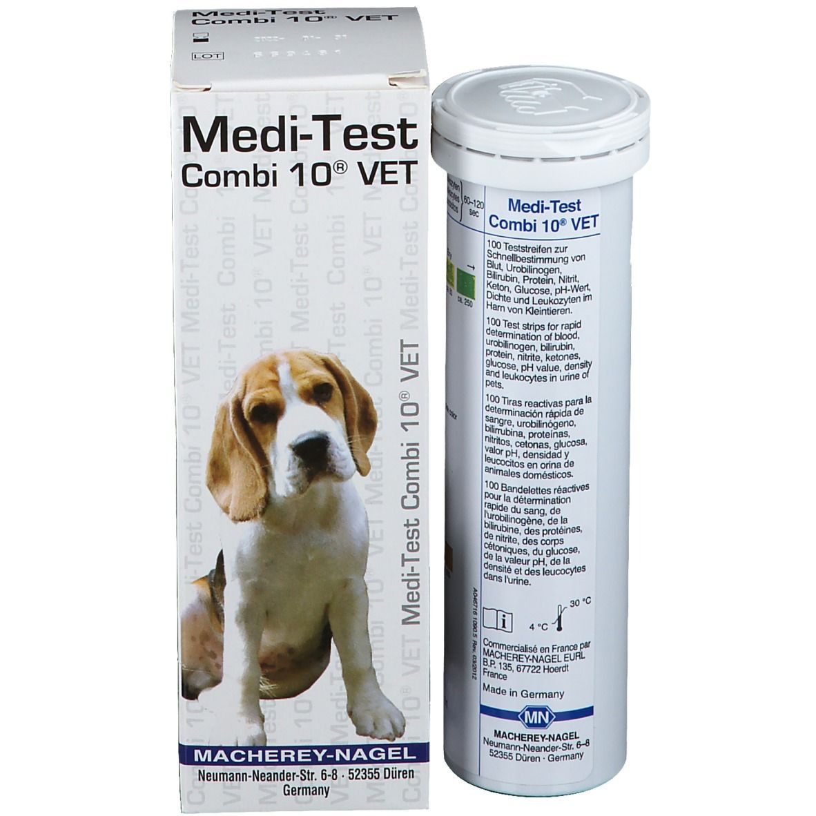 Produktverpackung mit Tube und Box. Box mit Hundebild und Beschriftung: Medi-Test Combi 10® VET.