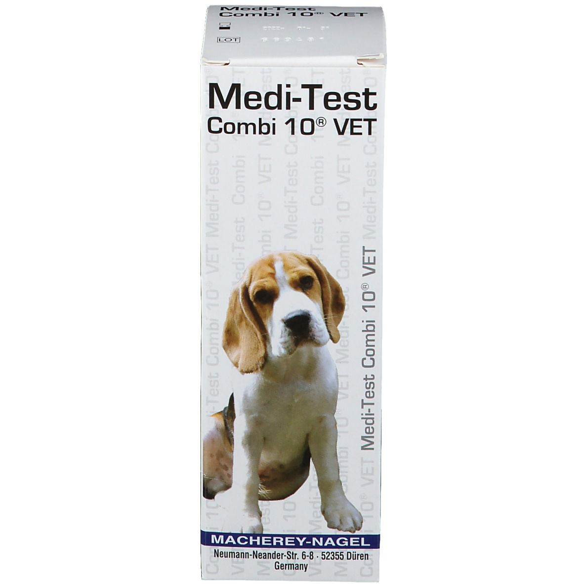 Produktverpackung. Box mit Hundebild und Beschriftung: Medi-Test Combi 10® VET.