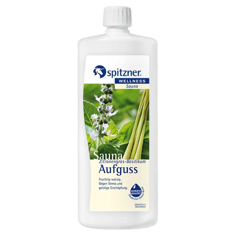 Weiße Flasche mit Spitzner Wellness Sauna Aufguss. Etikett mit Zitronengras-Basilikum-Motiv und Text. Siegel.