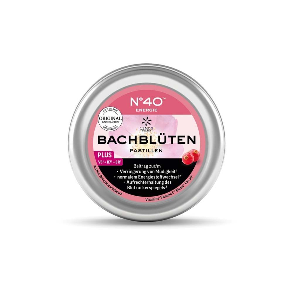 Runde Dose mit rosa Etikett. Aufschrift: Bachblüten Pastillen, N°40 Energie, Lemon. Mit Vitamin C.