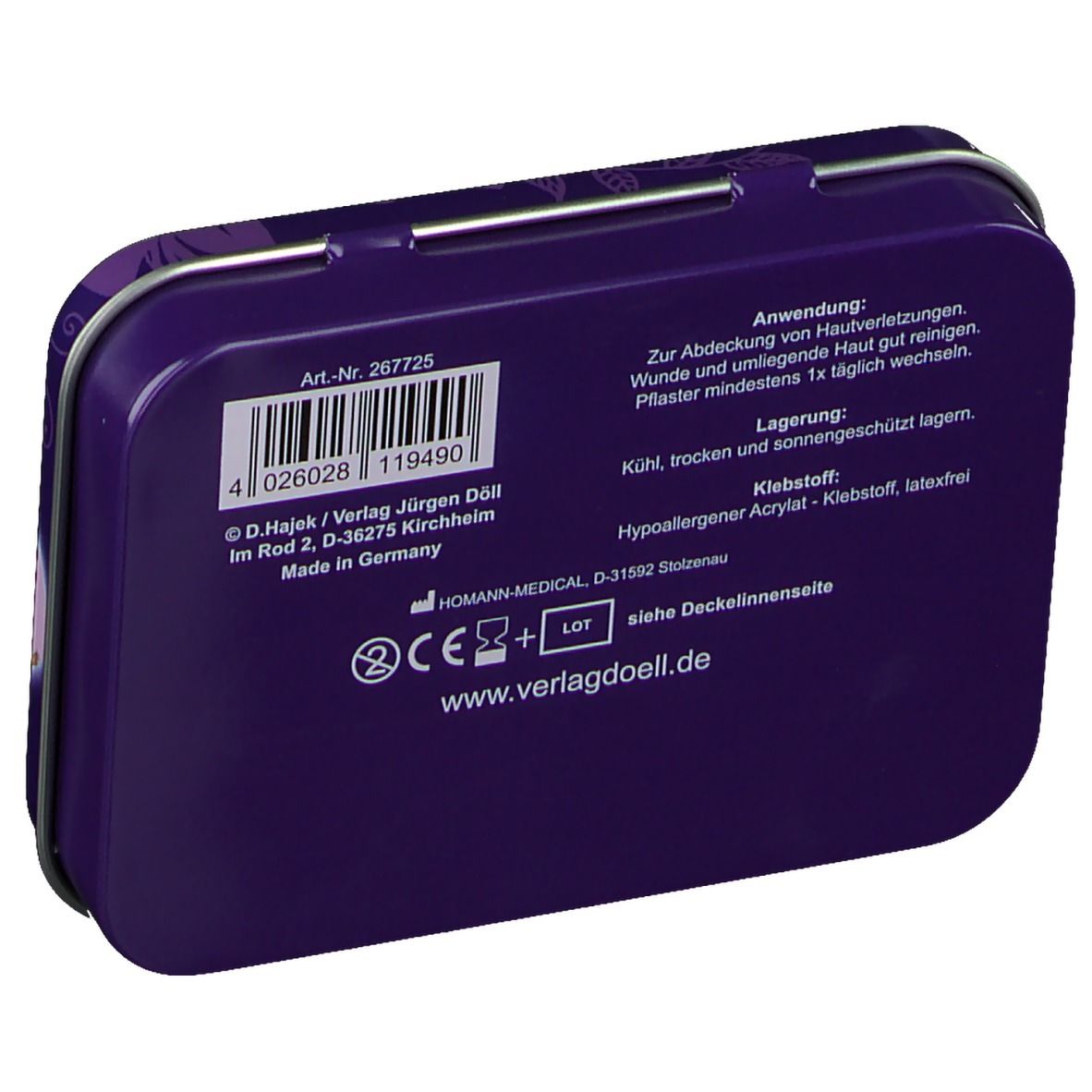 Rückseite der violetten Metallbox. Enthält Informationen zu Anwendung, Lagerung, Inhaltsstoffen und Hersteller.