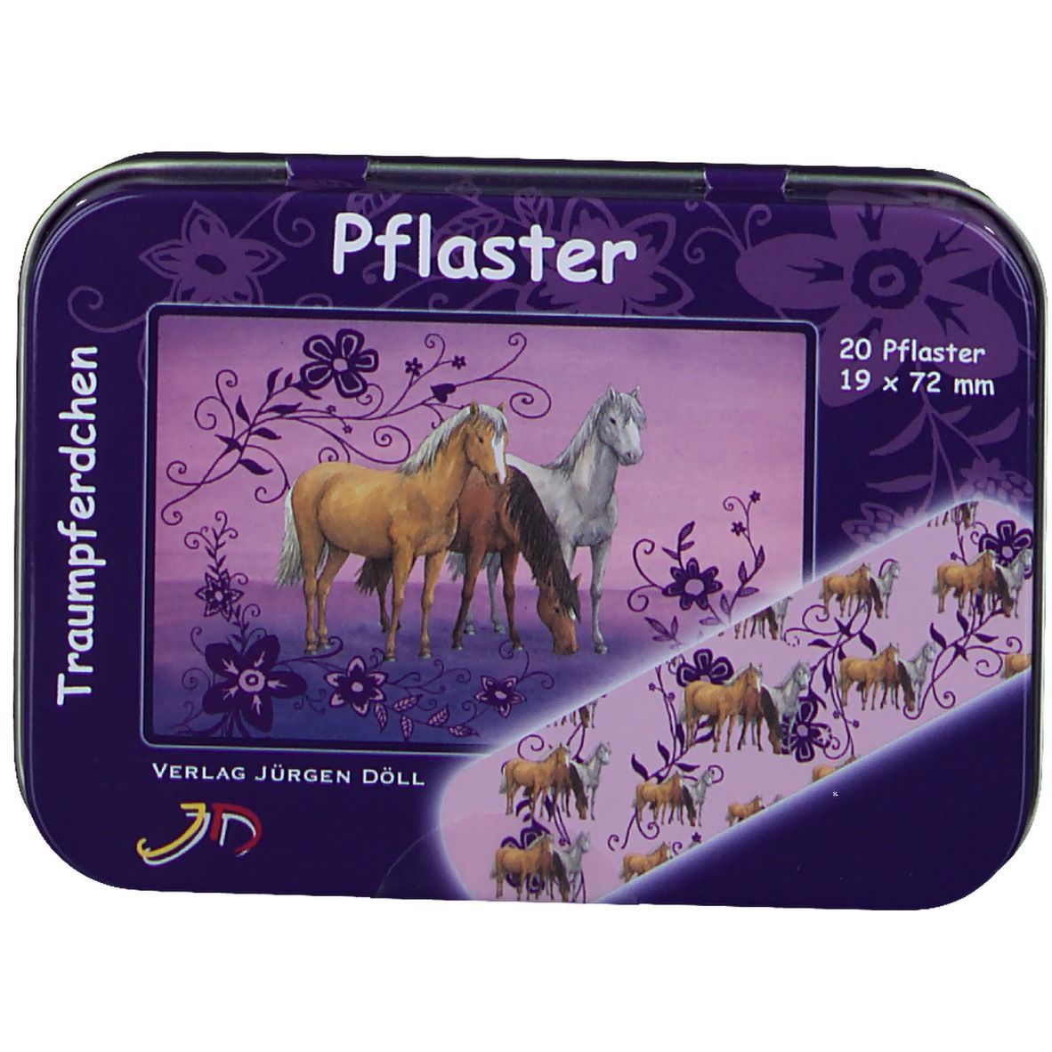 Violette Metallbox mit Pferde-Motiv und Aufschrift "Pflaster". Enthält 20 Pflaster, 19 x 72 mm.