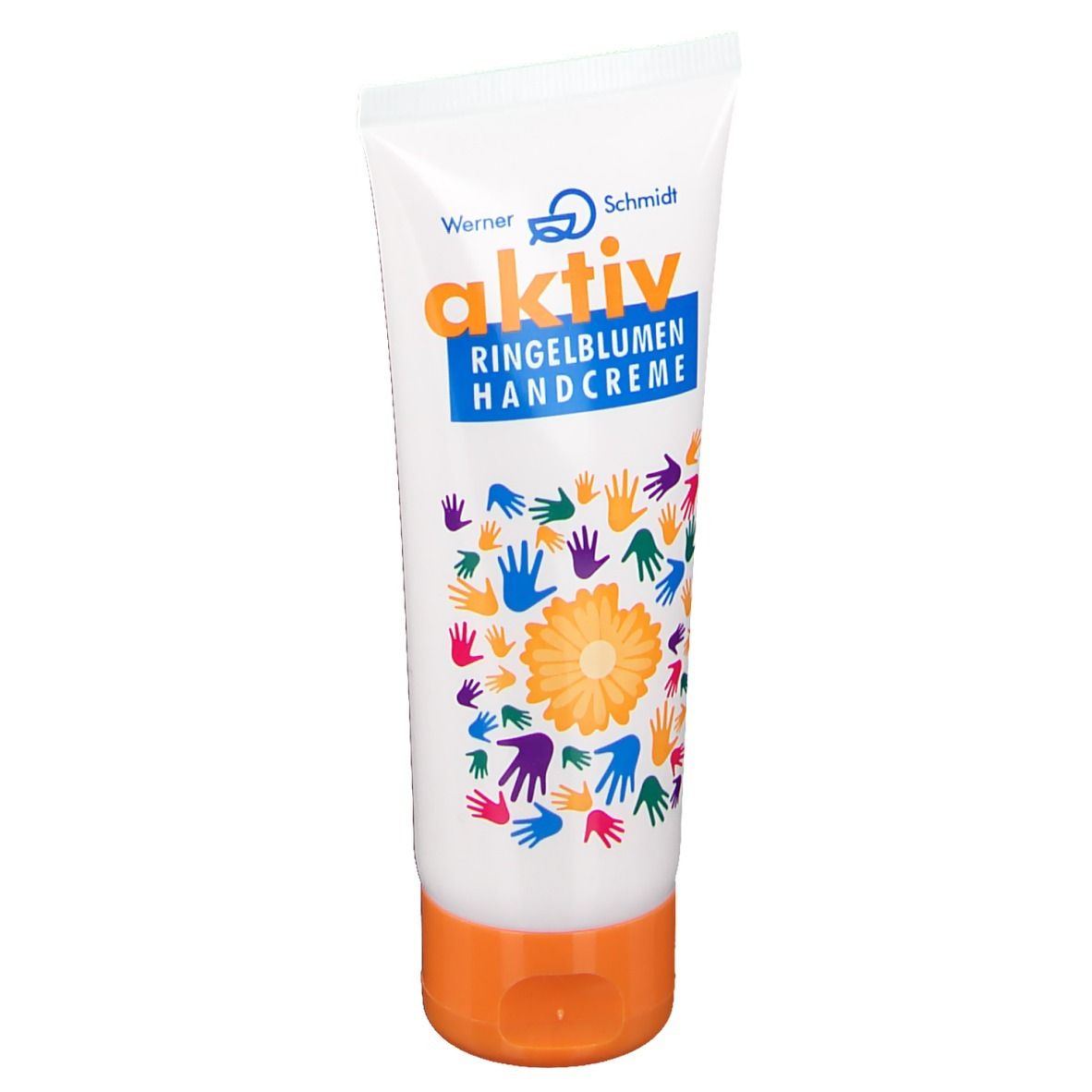 Handcreme-Tube mit Aufschrift 'aktiv Ringelblumen Handcreme'. Bunte Handabdrücke und eine Blüte zieren die Tube.