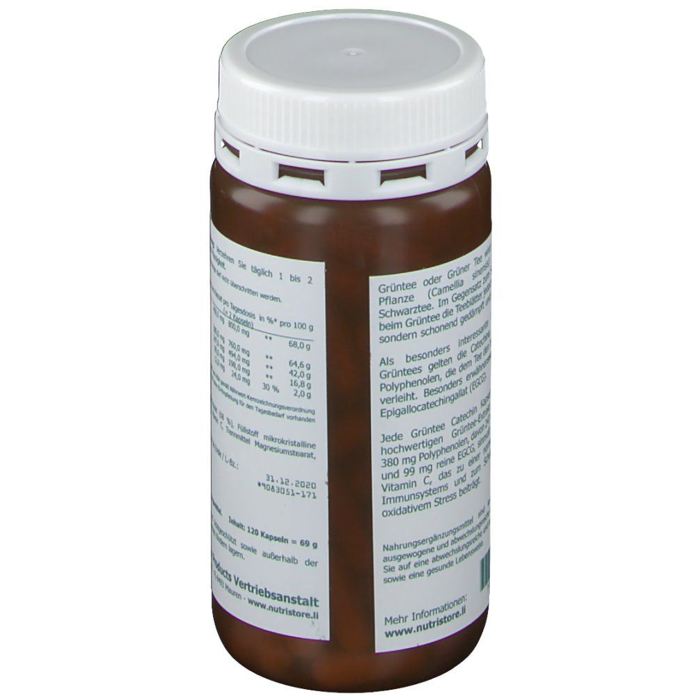 Boîte marron avec couvercle blanc. Inscription: Grüntee Catechin Kapseln. Informations nutritionnelles et ingrédients.