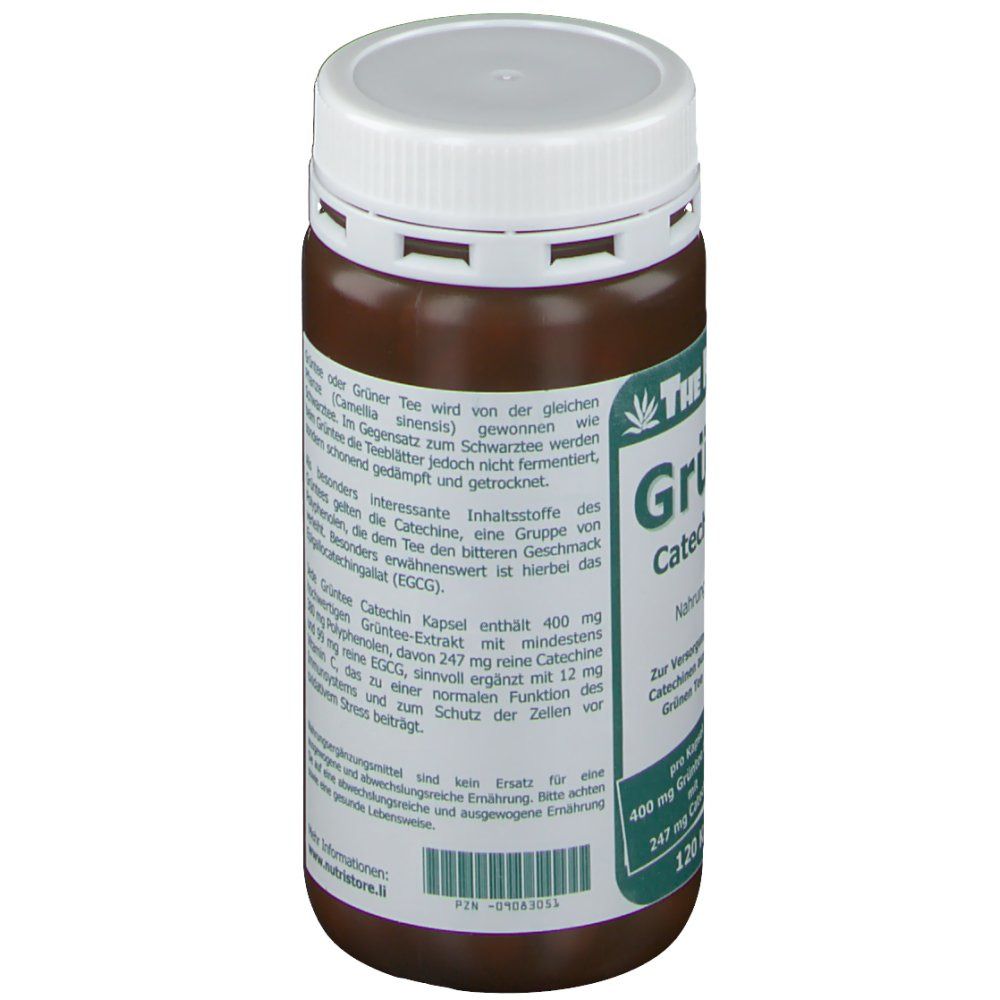 Boîte marron avec couvercle blanc. Inscription: Grüntee Catechin Kapseln. Informations sur le thé vert.