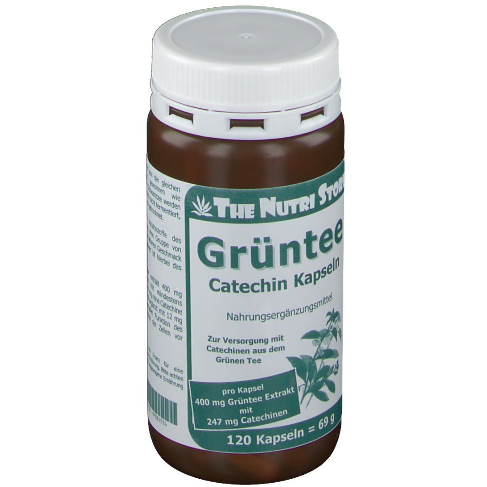 Boîte marron avec couvercle blanc. Inscription: Grüntee Catechin Kapseln. 120 gélules.