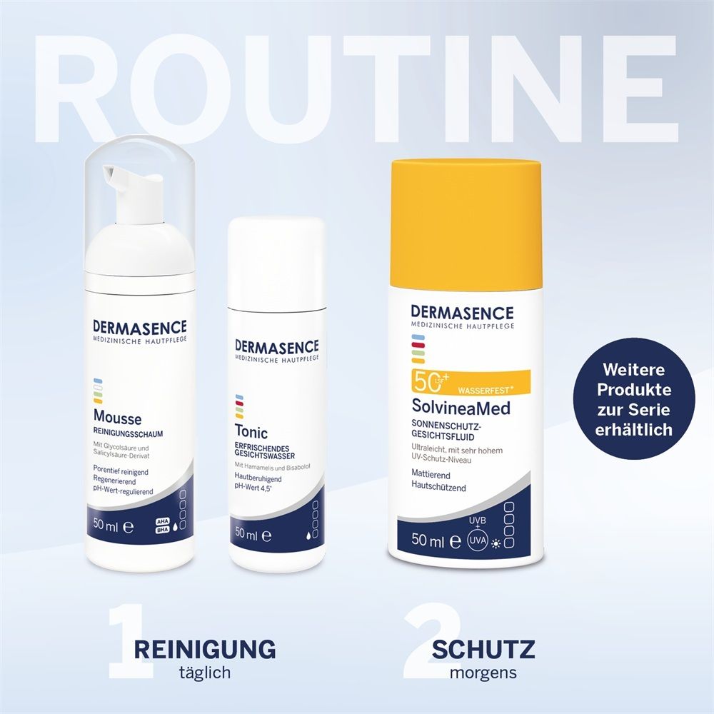 Hautpflegeroutine: Reinigung mit Mousse und Tonic, Schutz mit Sonnenschutz.