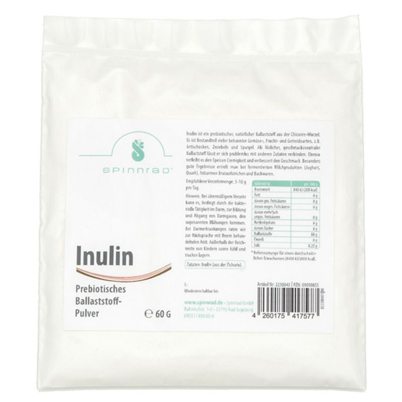 Weiße Tüte mit Inulin Pulver. Aufdruck: Spinnrad, Inulin, Präbiotisches Ballaststoff-Pulver, 60g. Nährwerttabelle.