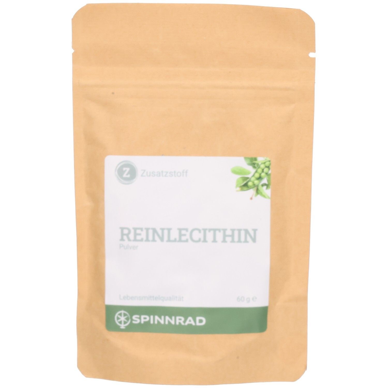 Beutel mit weißem Etikett. Aufschrift: REINLECITHIN Pulver. Marke: SPINNRAD. Grün-weißes Logo. 60 g.