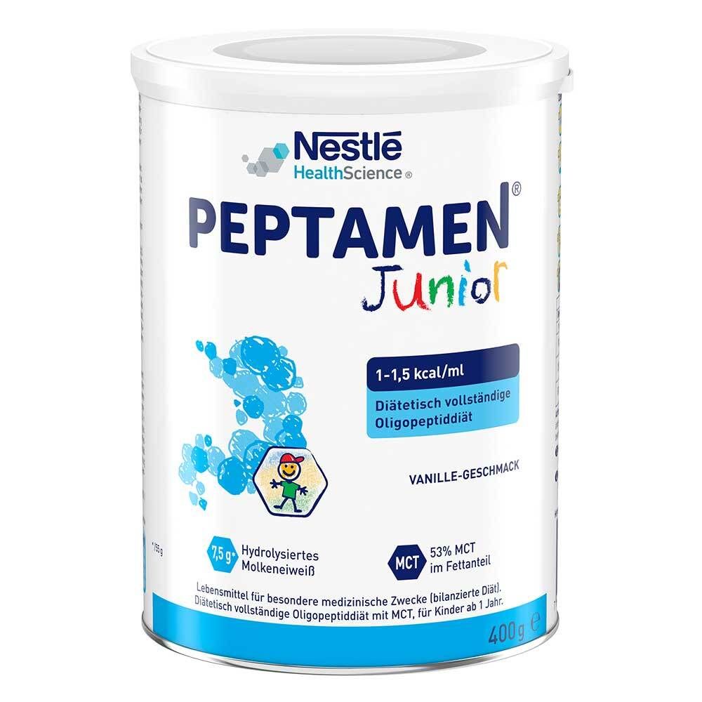 Dose Peptamen Junior Vanille. Nestle Health Science Logo. Aufschrift: 1-1,5 kcal/ml, Diätetisch vollständige Oligopeptid. 400g.