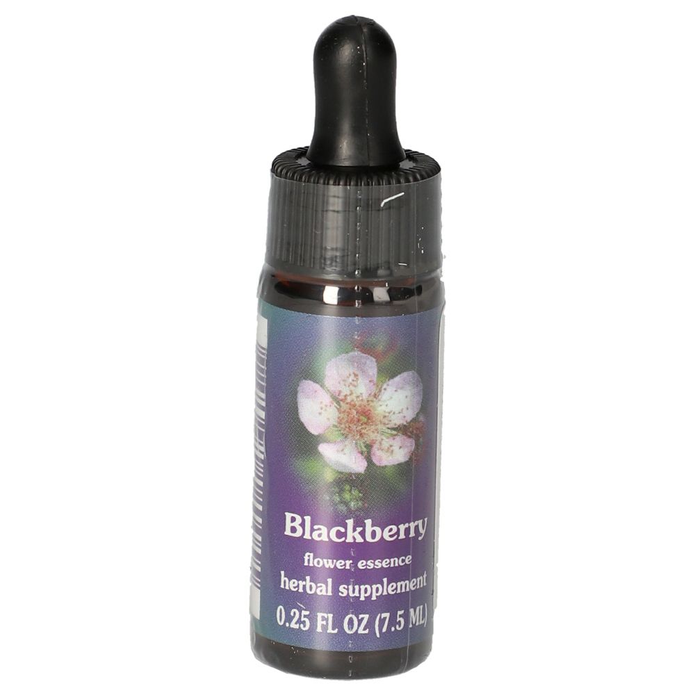 Braunglasflasche mit Pipettenverschluss, Etikett mit Brombeerblüte und Text.