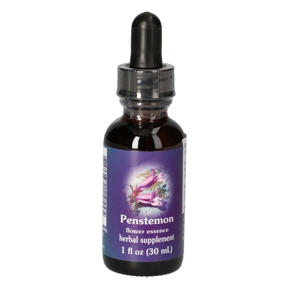 Braune Glasflasche mit schwarzem Tropfer. Etikett mit lila Hintergrund und Text: Penstemon flower essence herbal supplement 1 fl oz (30 mL).