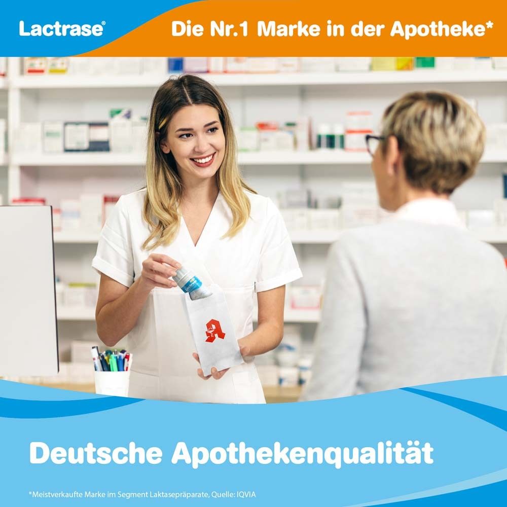 Pharmacienne remettant un paquet. Texte : Qualité pharmaceutique allemande. Logo Lactrase. Marque n°1.