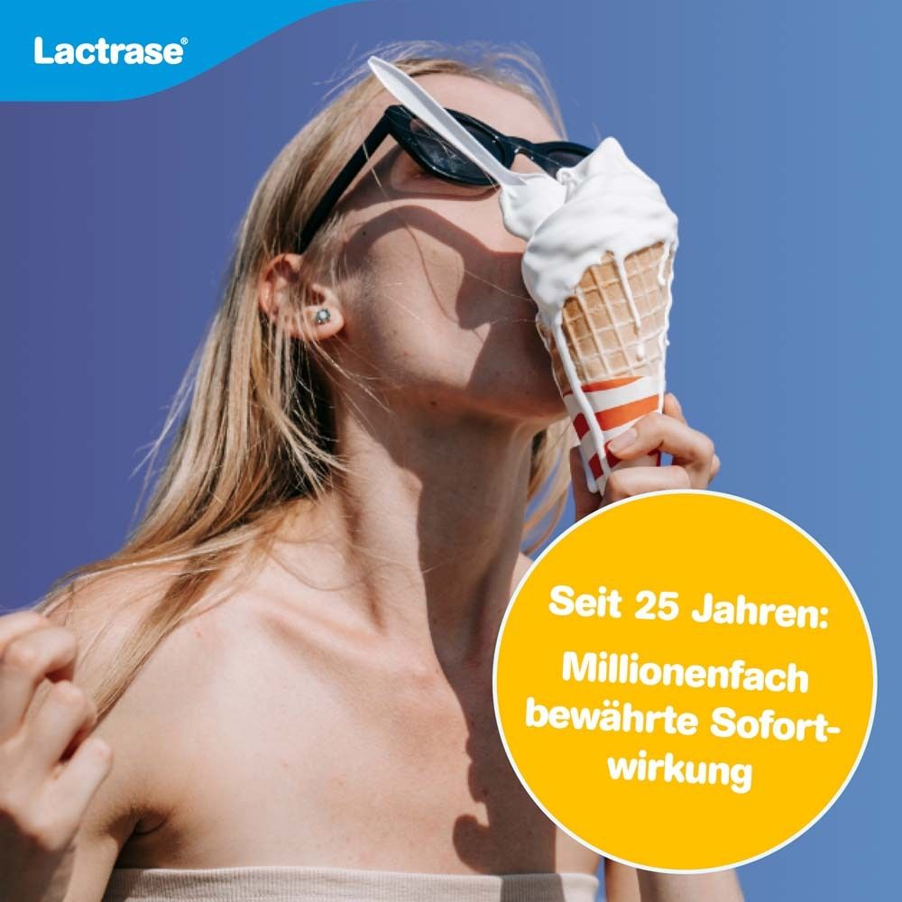 Femme mangeant une glace. Texte : Depuis 25 ans : effet immédiat éprouvé des millions de fois. Logo Lactrase.