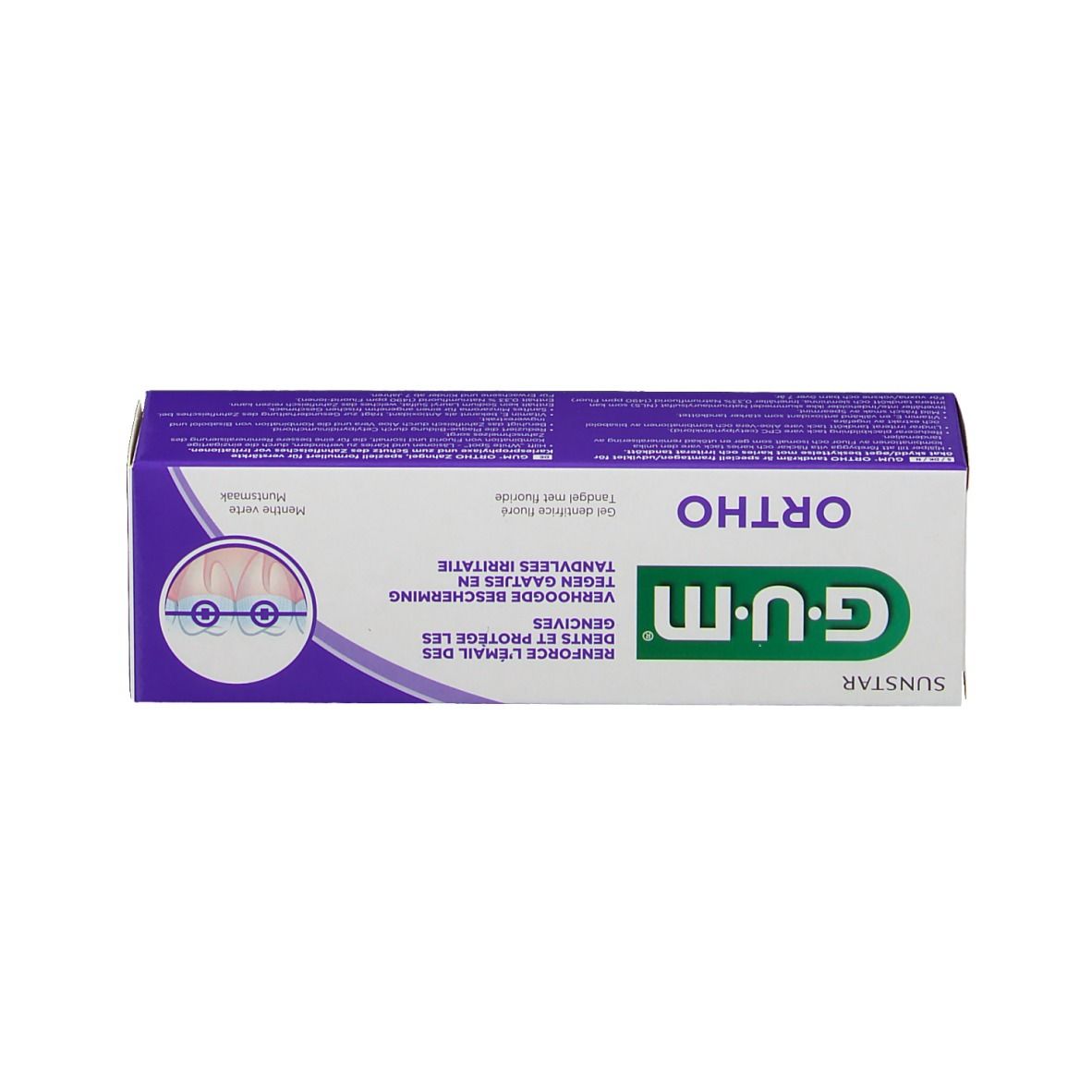 GUM® Ortho Zahngel-Verpackung. Lila-weiße Schachtel mit Logo und Text. Illustration von Zahnspange.