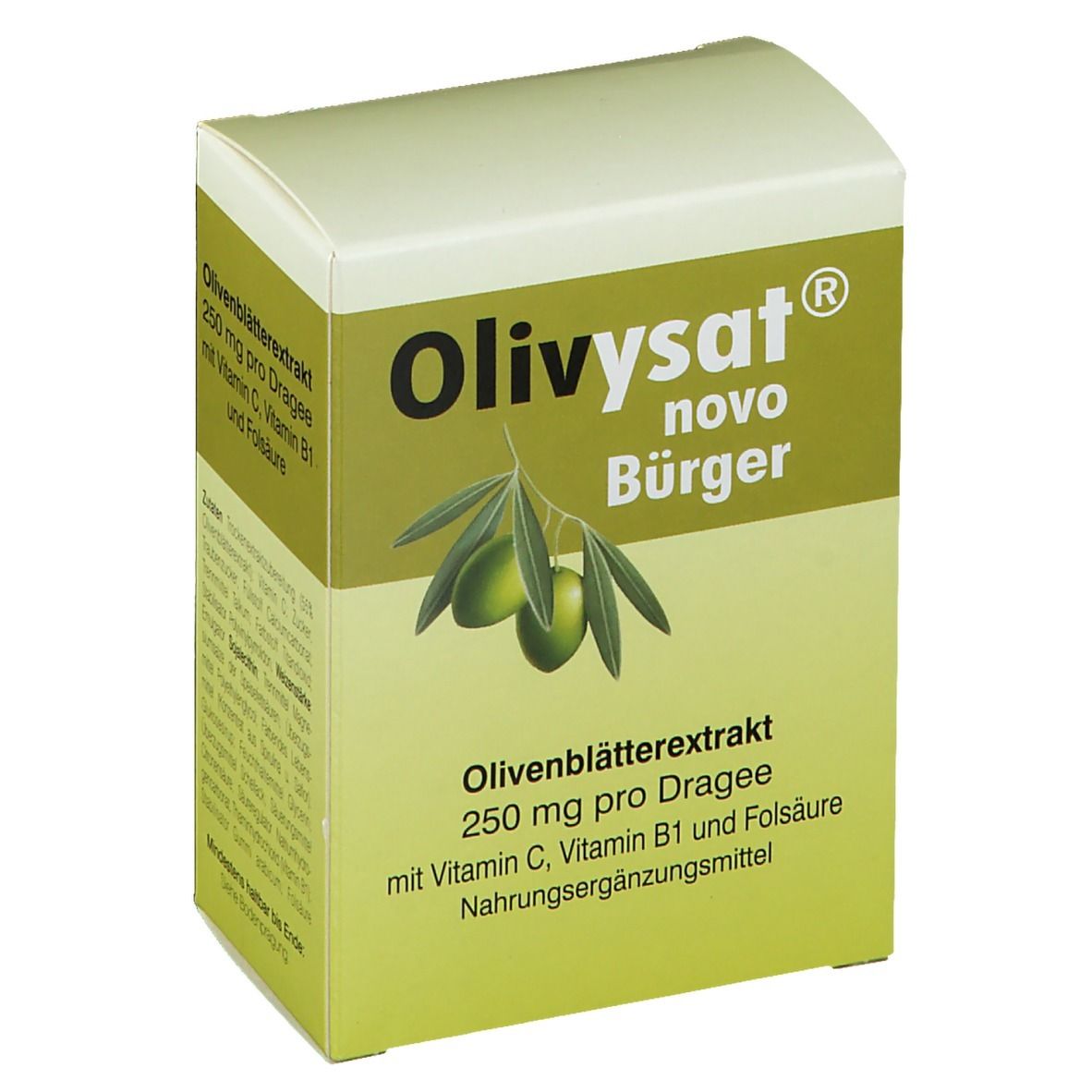 Boîte de Olivysat® novo Bürger Dragees. Vert et blanc. Extrait de feuilles d'olivier, 250 mg par dragée. Complément alimentaire.
