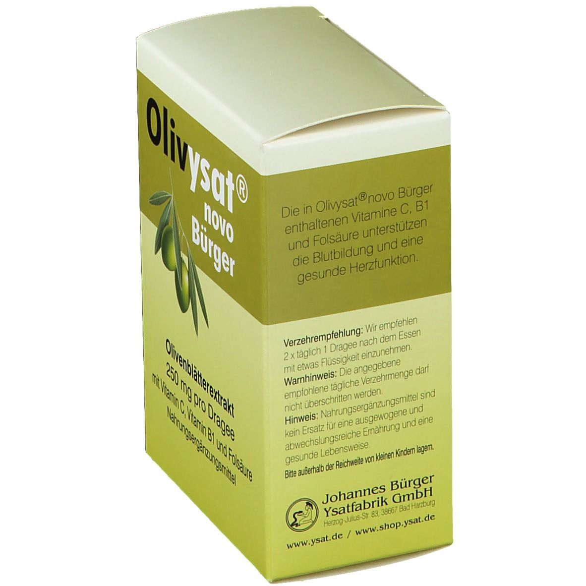 Boîte de Olivysat® novo Bürger Dragees. Vert et blanc. Extrait de feuilles d'olivier, 250 mg par dragée. Texte sur le côté.