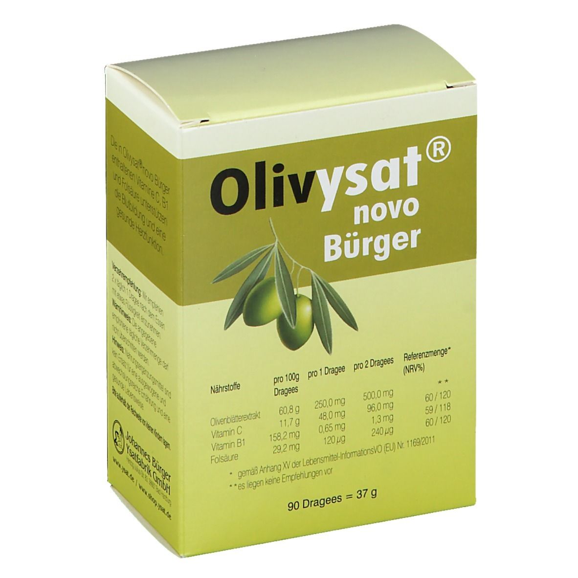 Boîte de Olivysat® novo Bürger Dragees. Vert et blanc. Extrait de feuilles d'olivier, 250 mg par dragée. Tableau nutritionnel.